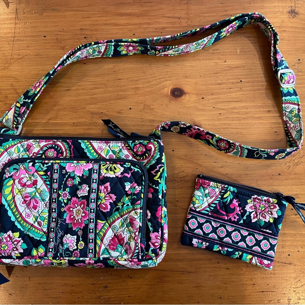 Vera Bradley Black Floral Quilted Crossbody Bag with Coin Pouch